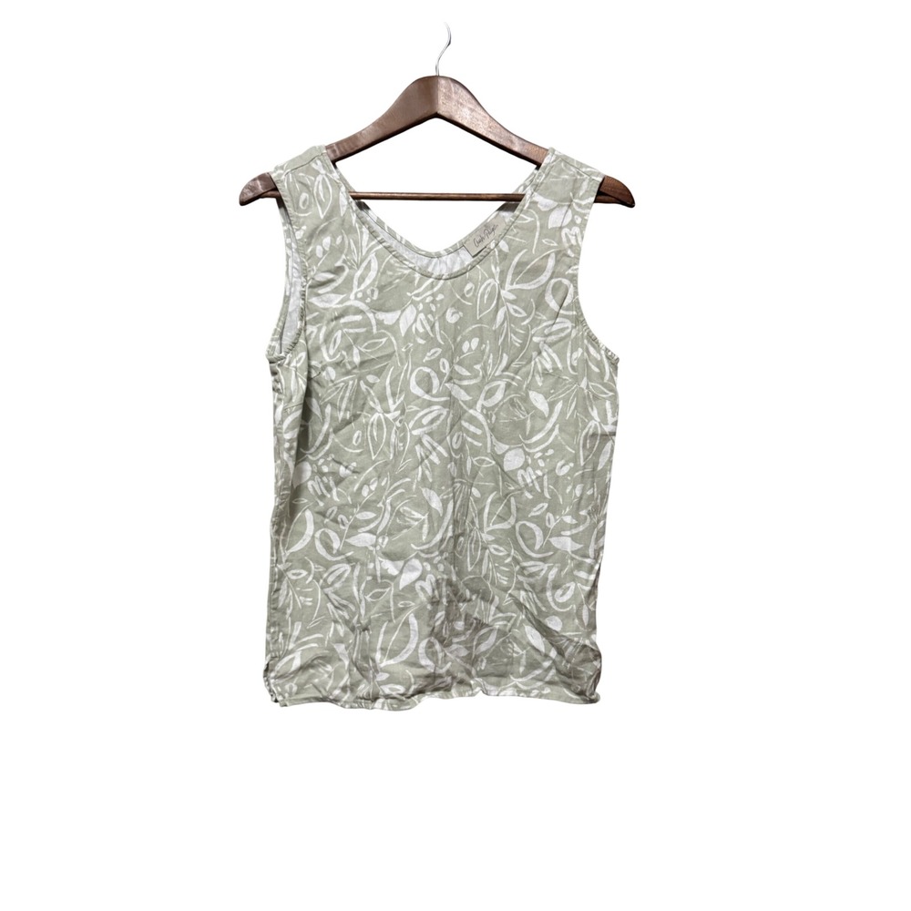 Charlie Paige Tank Top Womens Small Green Excellent Linen Blend Leaf Print Shell
